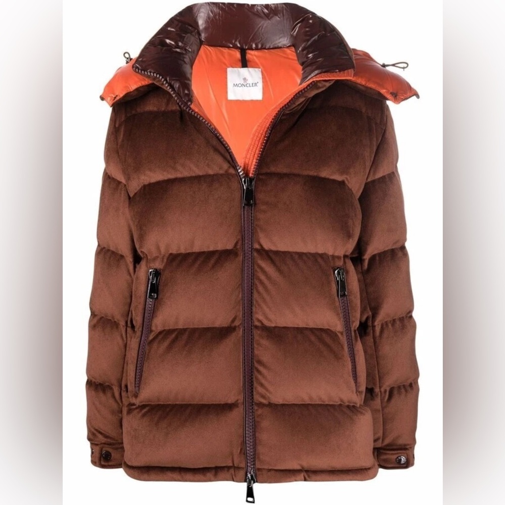 Moncler Chocolate Puffer Jacket with Tangerine Interior